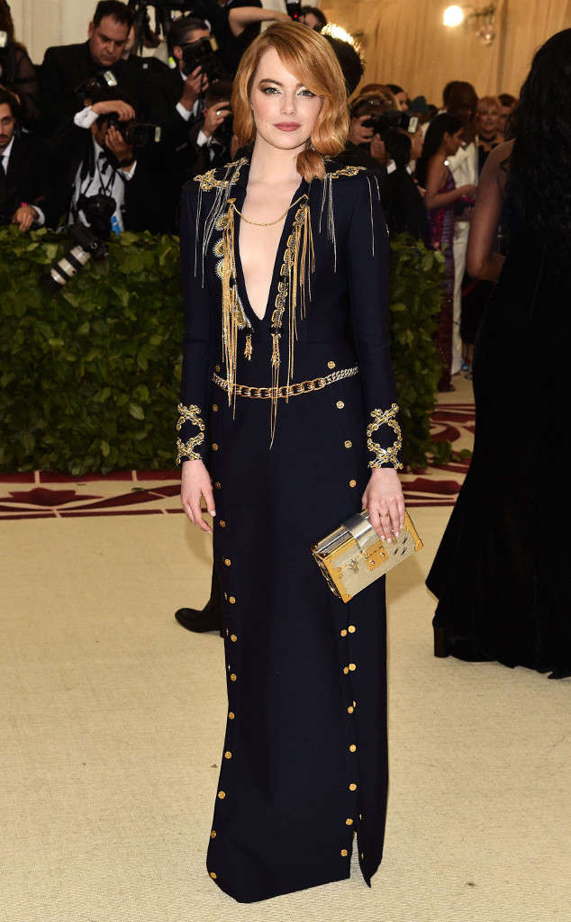 Emma Stone Wears a Shiny Louis Vuitton Jumpsuit to Met Gala 2019